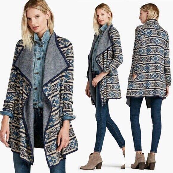 NEW Lucky Brand Scarf Print Cardigan Shawl Collar Open Blue Women Large - Picture 1 of 12